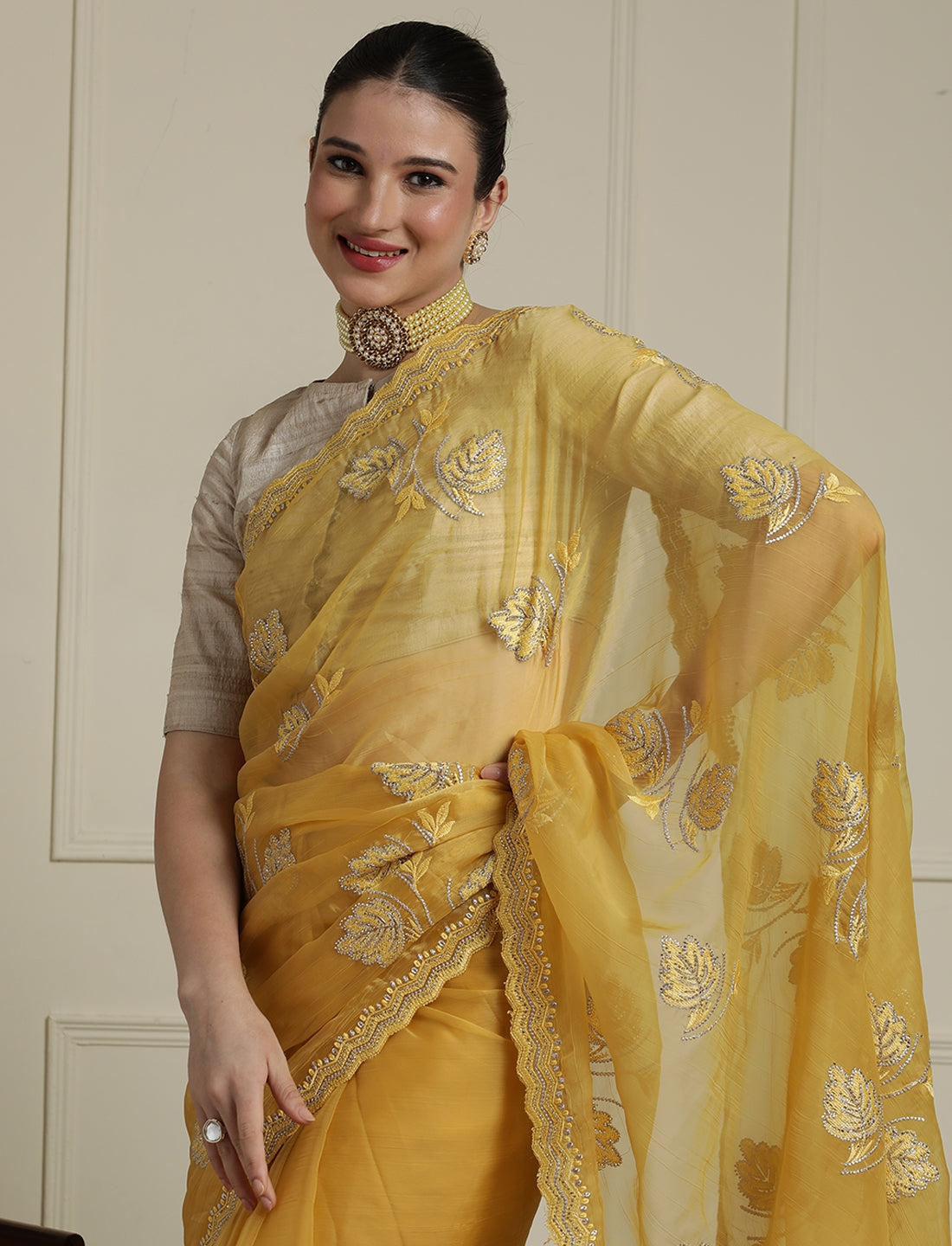 Floral Motifs Embroidered Saree with Unstitched Blouse in Yellow