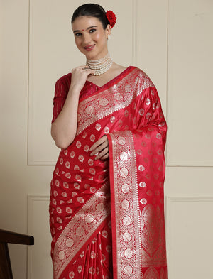 Ethnic Motifs Woven Design Banarasi Saree With Blouse Piece in Red