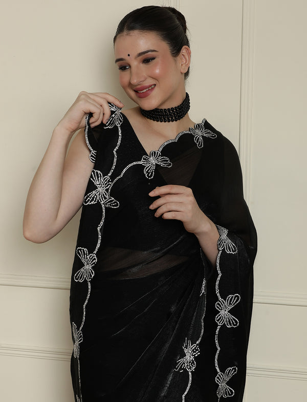 Butterfly Embellished Beads And Stones Saree With Blouse in Black