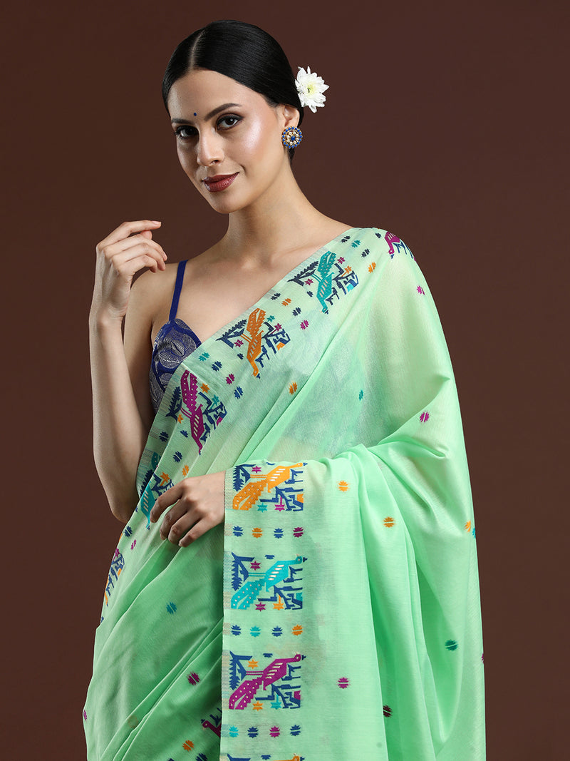 Woven Design Ethnic Motif Muga Cotton Saree in Green
