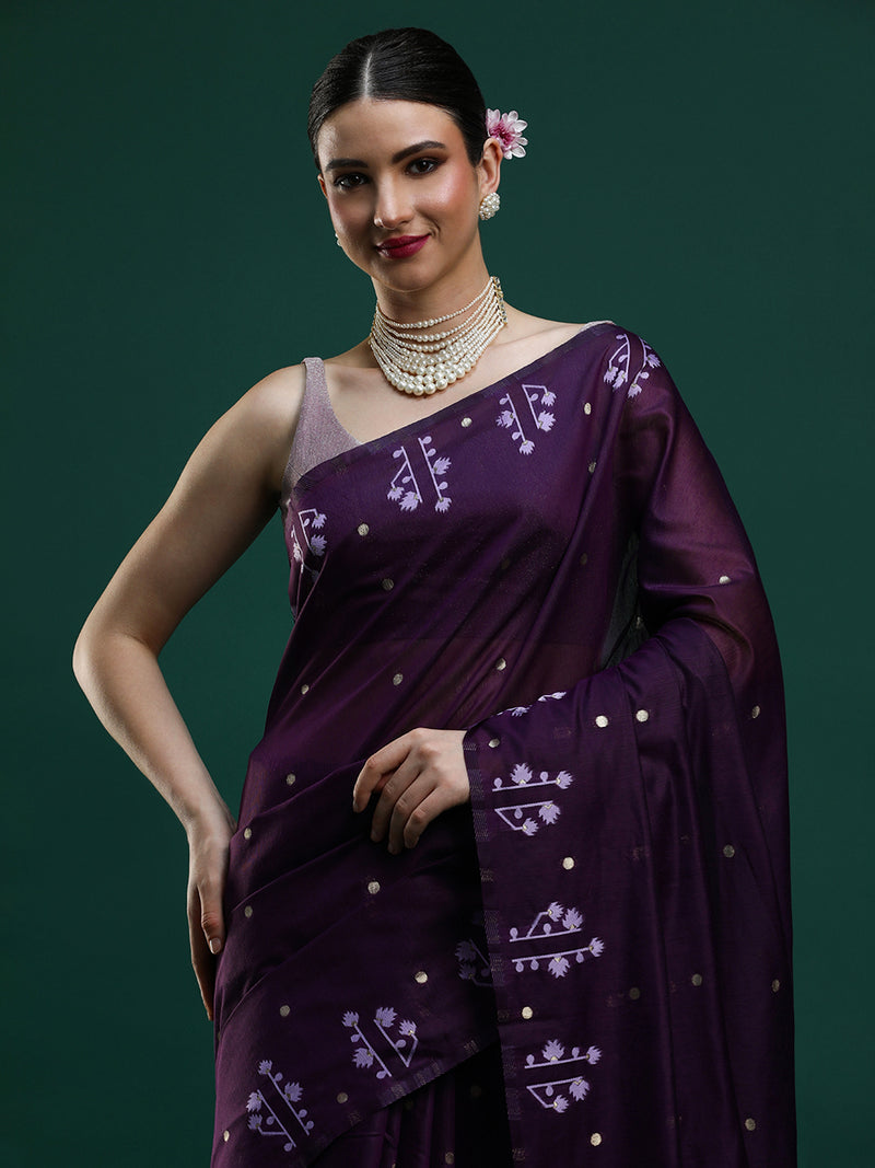 Sarha Ethnic Motifs Designer Muga Saree in Wine