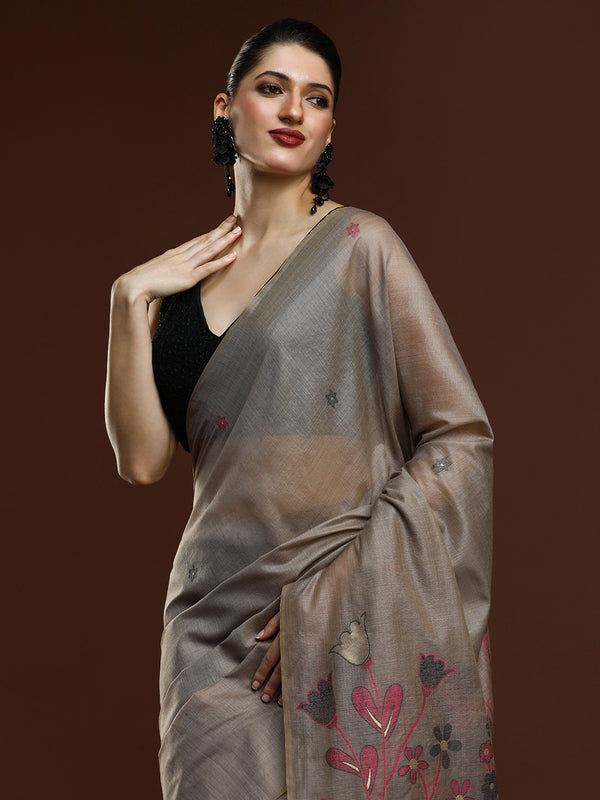 Sarha Woven Design Muga Saree in Grey