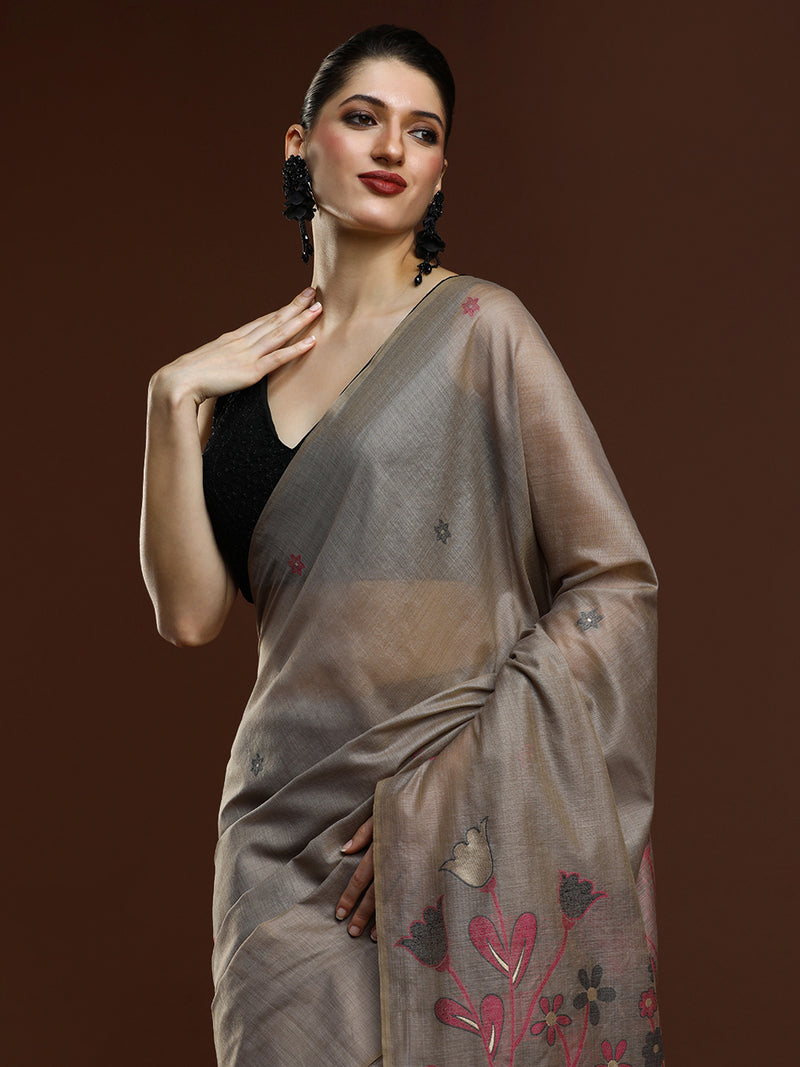 Sarha Woven Design Muga Saree in Grey