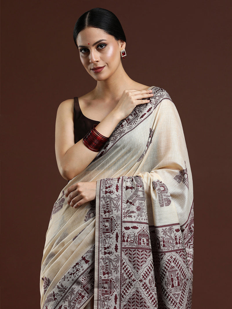 Woven Design Chanderi Cotton Saree with Dark Red Motifs