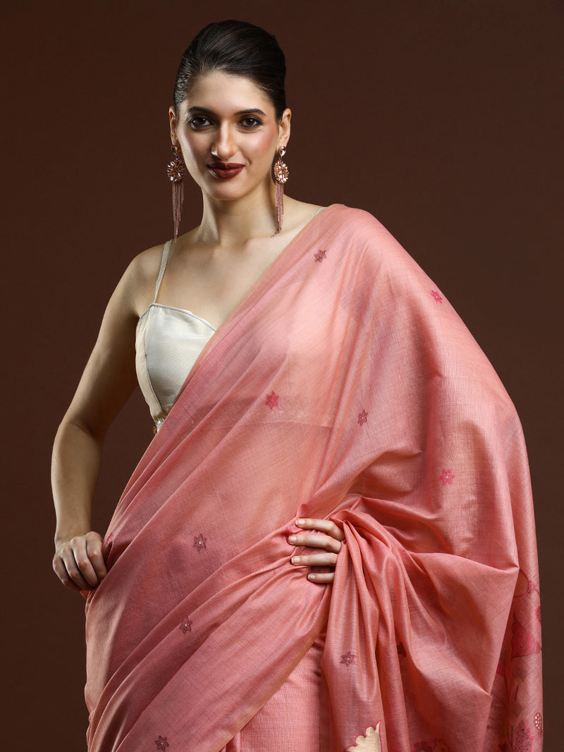 Sarha Floral Woven Design Zari Muga Saree in Light Pink