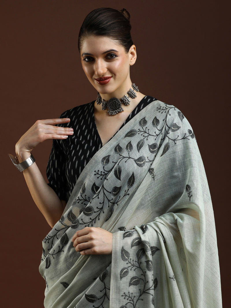 Sarha Floral Woven Design Chanderi Saree in Light Grey