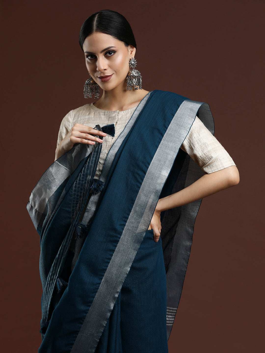 Woven Design Solid Bhagalpuri Linen Saree in Dark Blue