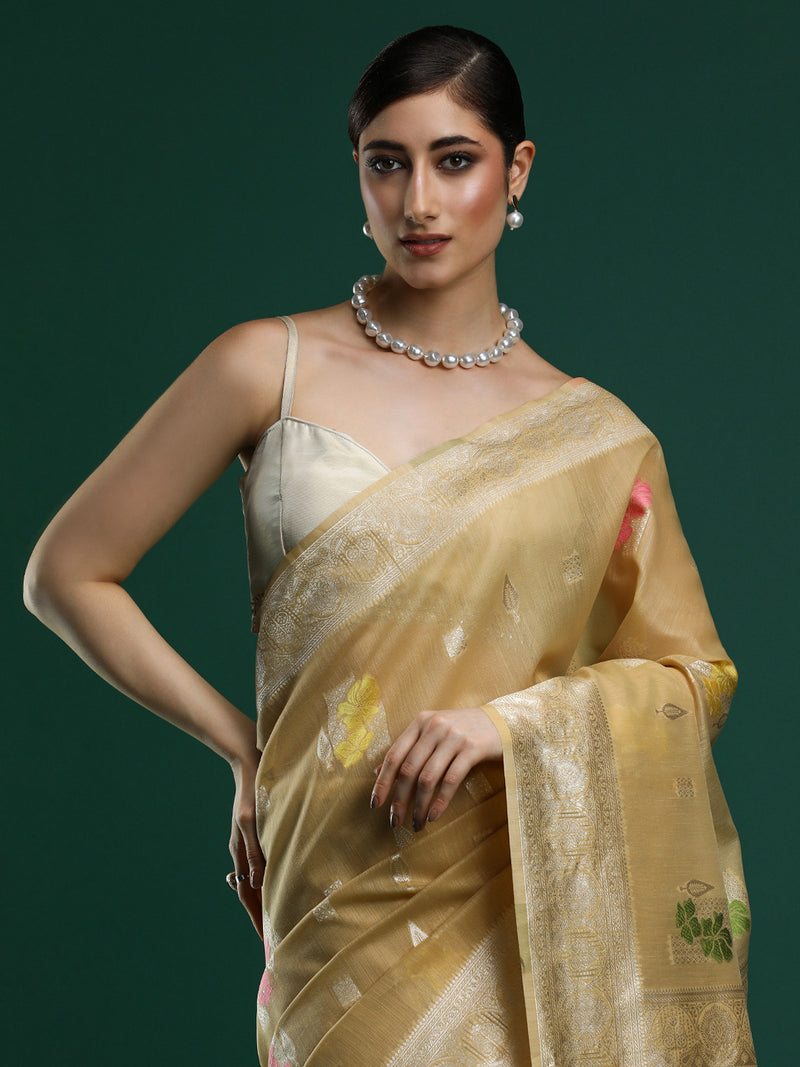 Woven Design Floral Chanderi Cotton Saree in Beige