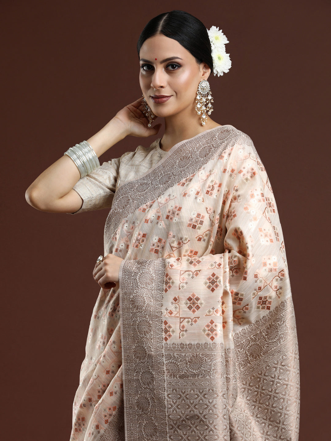Woven Design Chanderi Cotton Saree in Light Peach
