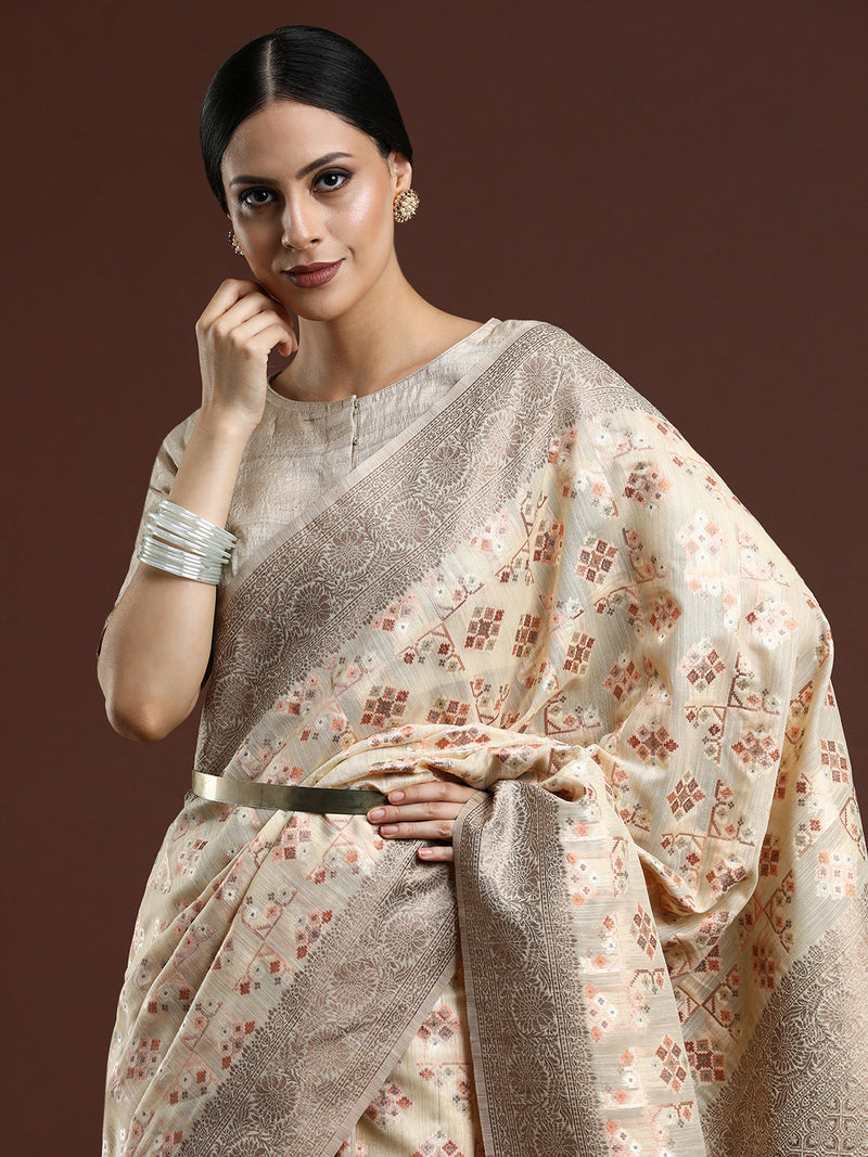 Woven Design Chanderi Cotton Saree in Beige