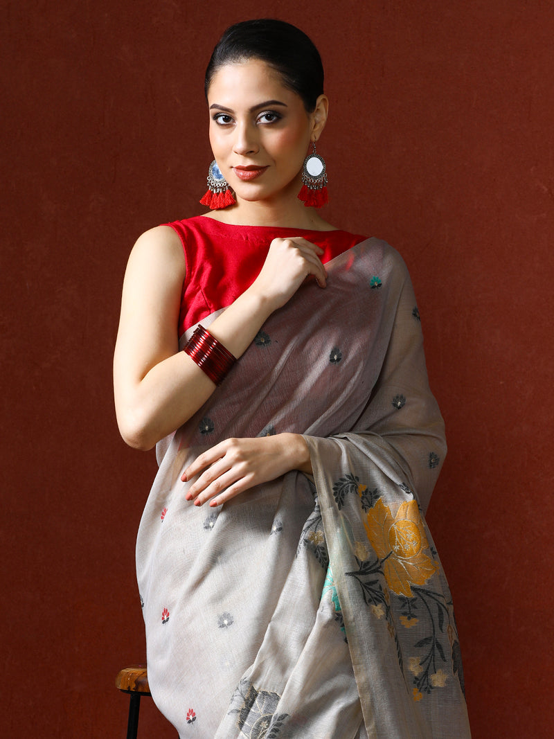 Floral Embellished Embroidered Chanderi Saree in grey