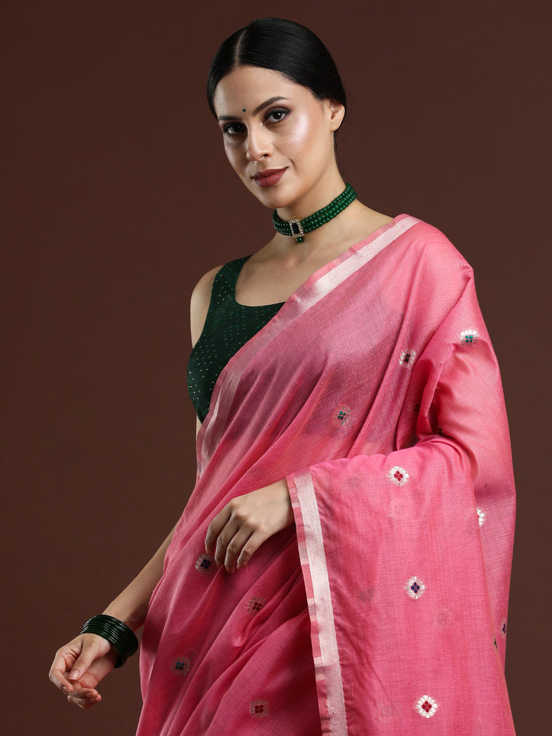 Woven Design Floral Muga Cotton Saree in Lavender