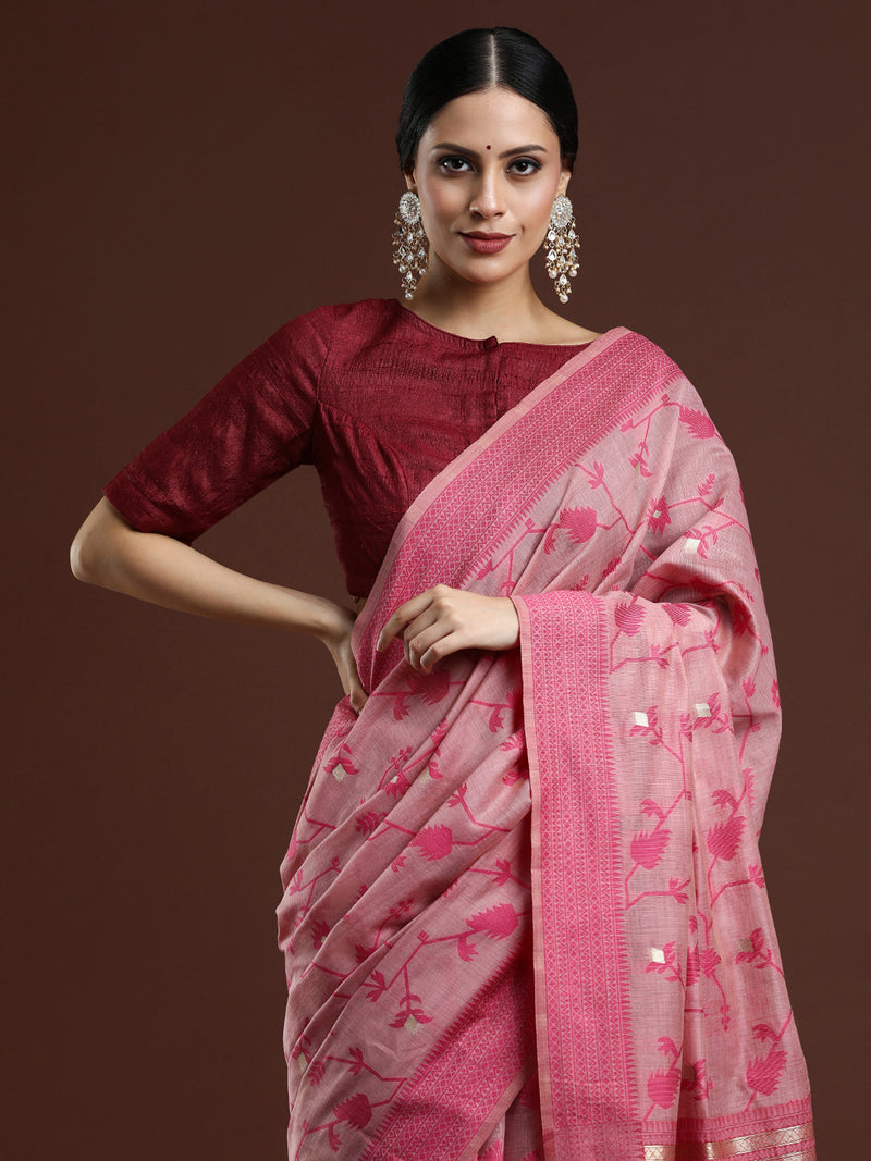 Woven Design Floral Chanderi Cotton Saree in Pink