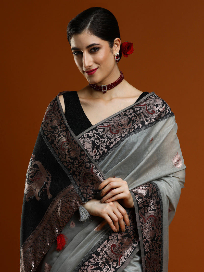 Sarha Ethnic Motifs Woven Design Zari Banarasi Saree in Grey