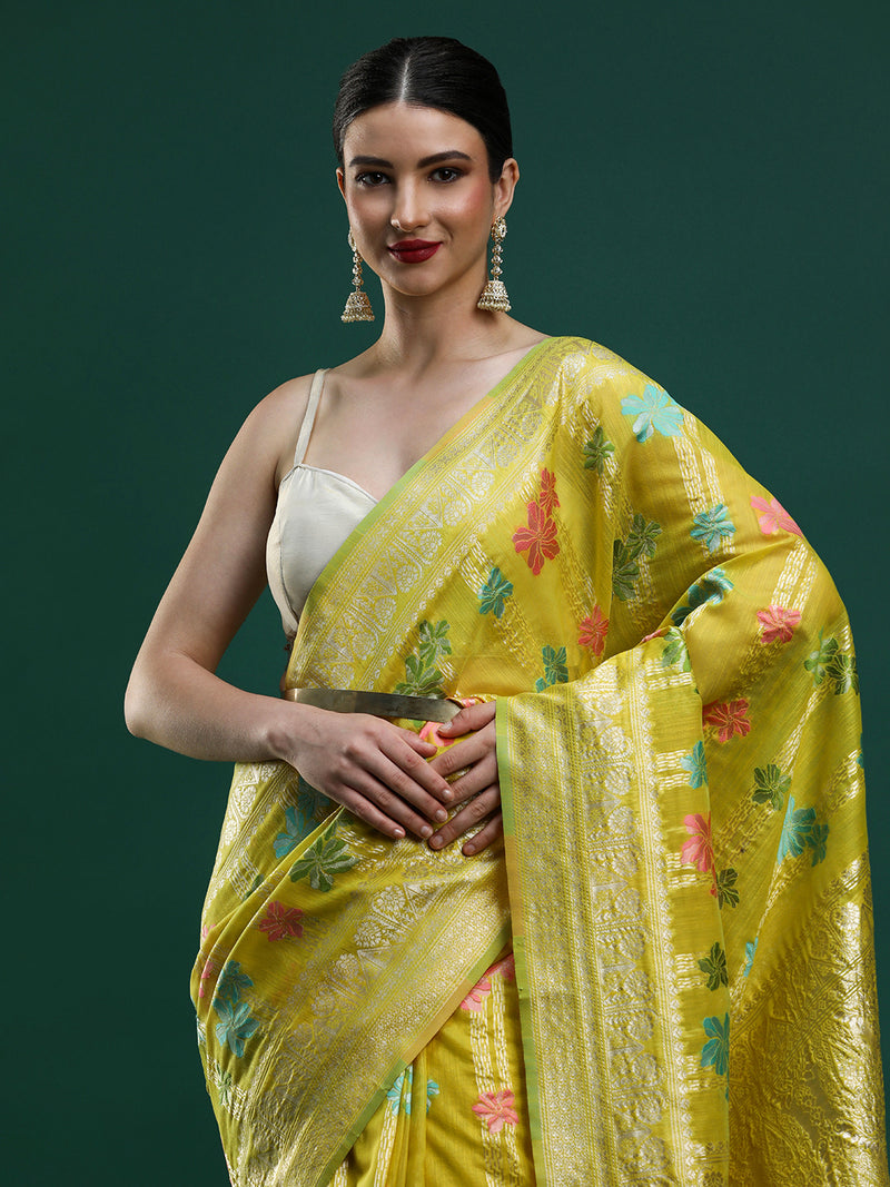 Sarha Women Woven Design Zari Chanderi Saree in Yellow