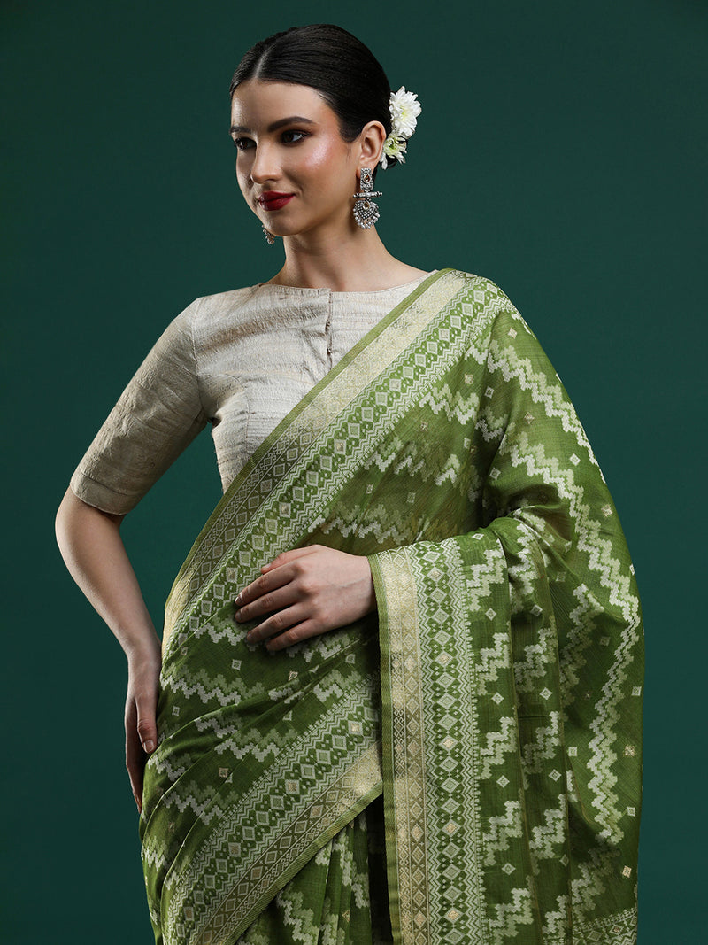 Sarha Women Woven Design Chanderi Saree in Olive Green