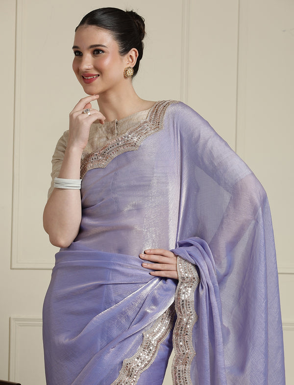 Embellished Saree With Unstitched Blouse in Lavender