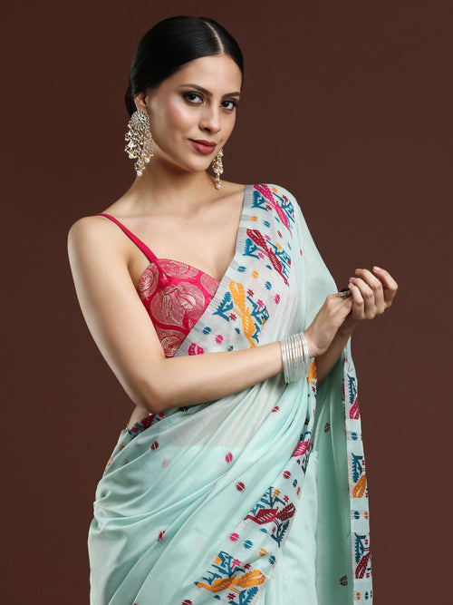 Woven Design Ethnic Motif Muga Cotton Saree in Light Blue