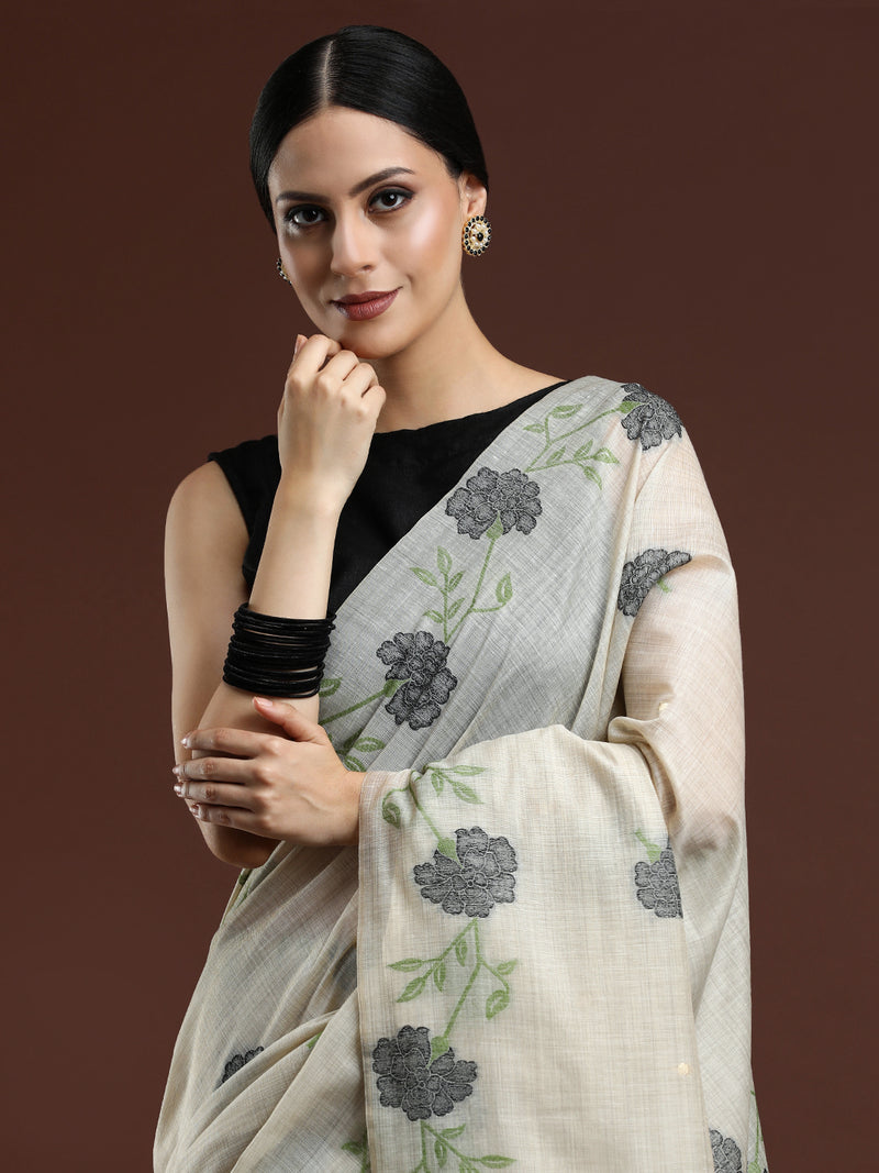 Woven Design Floral Muga Cotton Saree with Grey Motifs