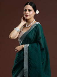 Woven Design Solid Bhagalpuri Linen Saree in Dark Green