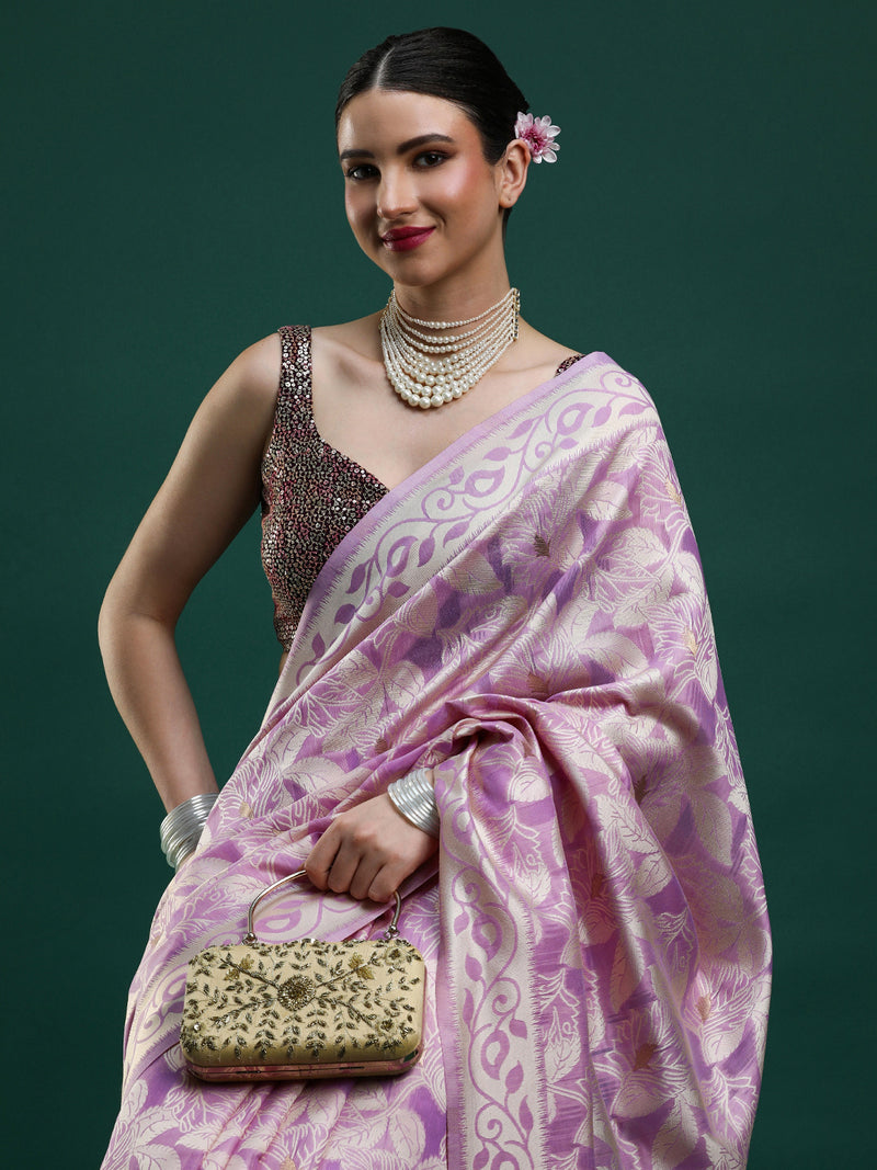 Sarha Ethnic Motifs Woven Design Zari Chanderi Saree in Lavender