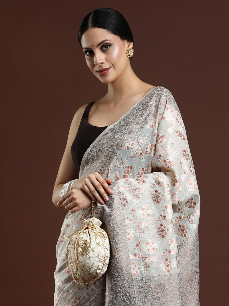 Woven Design Chanderi Cotton Saree in Light Grey