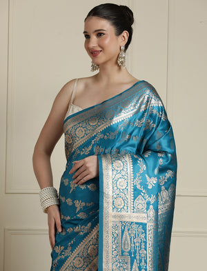 Ethnic Motif Woven Design Zari Indian Bridal Banarasi Saree in Blue