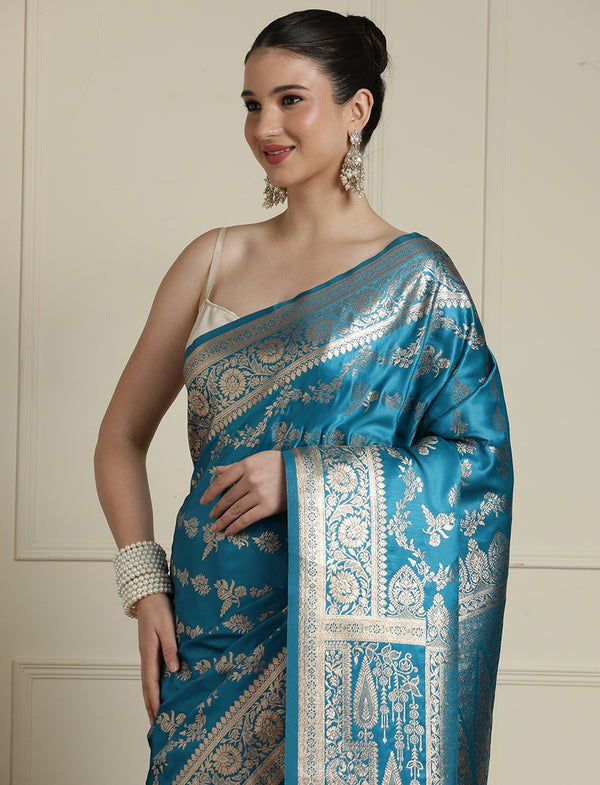 Ethnic Motif Woven Design Zari Indian Bridal Banarasi Saree in Blue