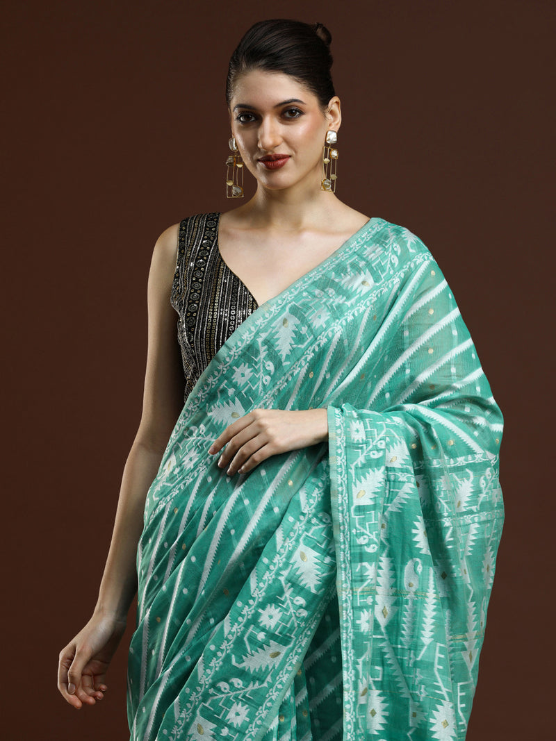 Sarha Women Ethnic Motifs Woven Design Chanderi Saree in Sea Green