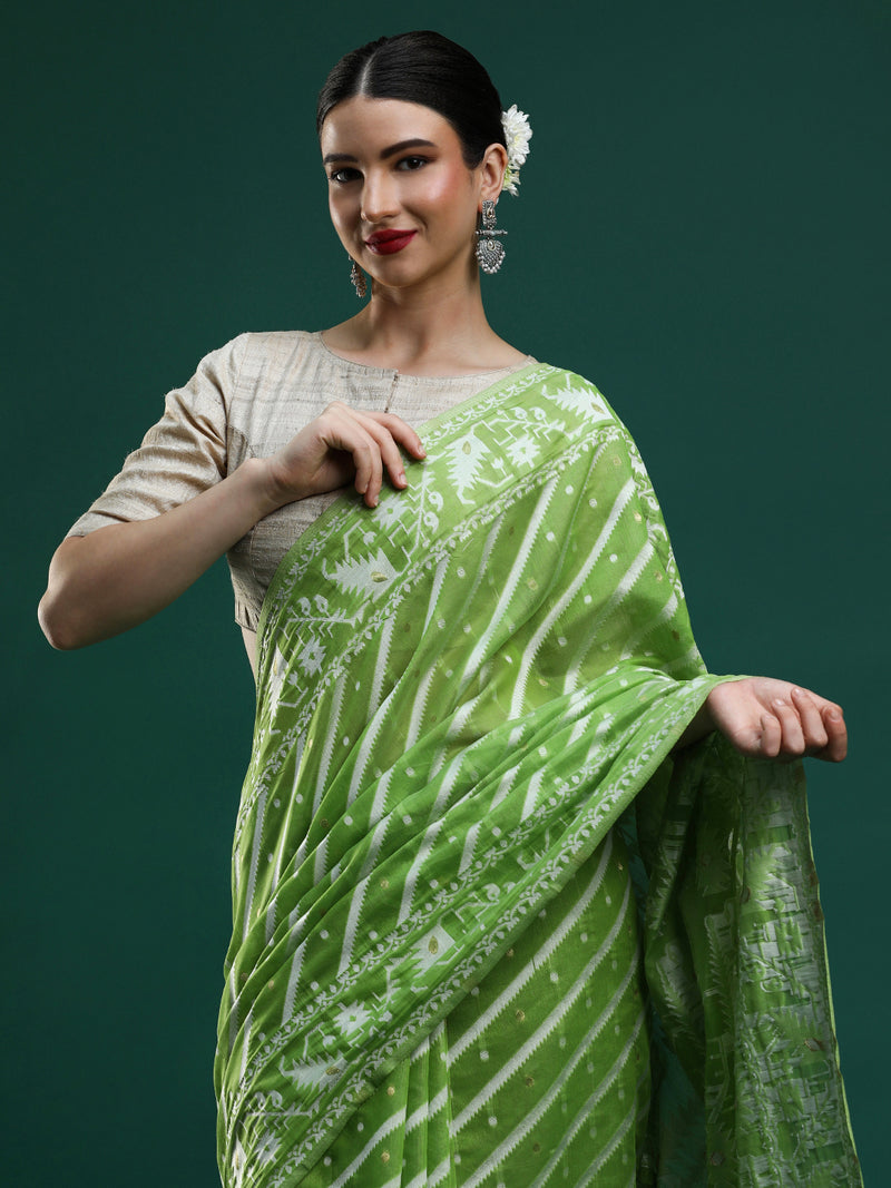 Sarha Women Woven Design Zari Chanderi Saree in Green