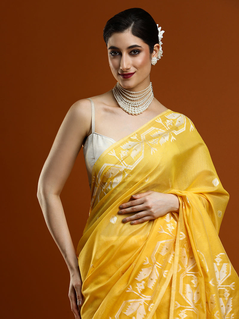 Sarha Ethnic Motif Woven Design Embroidered Muga Saree in Yellow