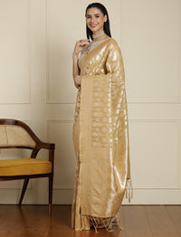 Geometric Woven Design Zari Muga Saree in Beige