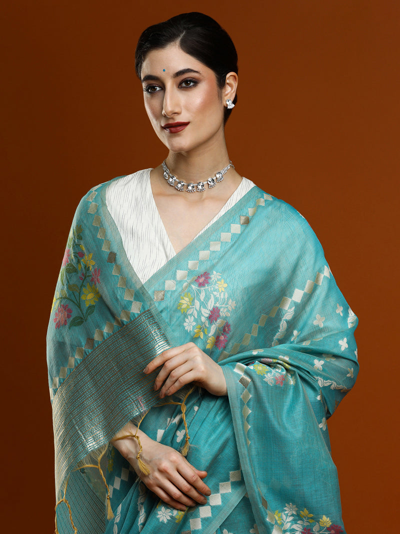 Sarha Women Woven Design Zari Banarasi Saree in Blue
