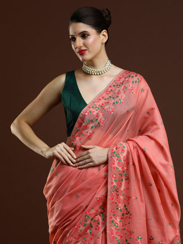 Sarha Woven Design Zari Muga Saree in Crimson Orange