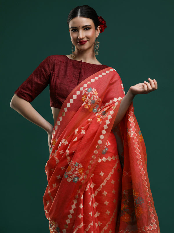 Sarha Floral Woven Design Zari Banarasi Saree in Red