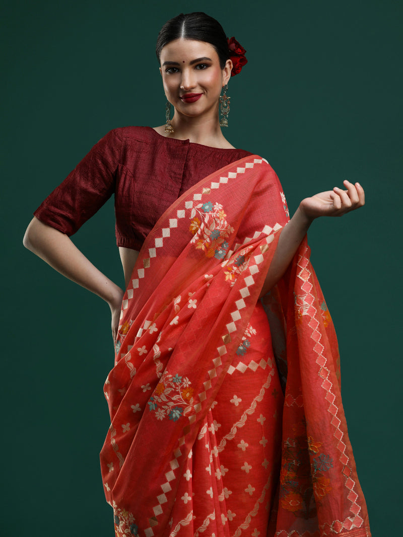 Sarha Floral Woven Design Zari Banarasi Saree in Red