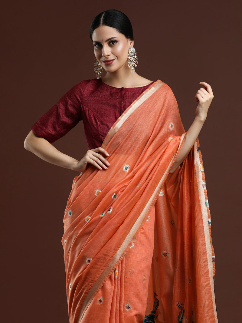 Woven Design Floral Muga Cotton Saree in Orange