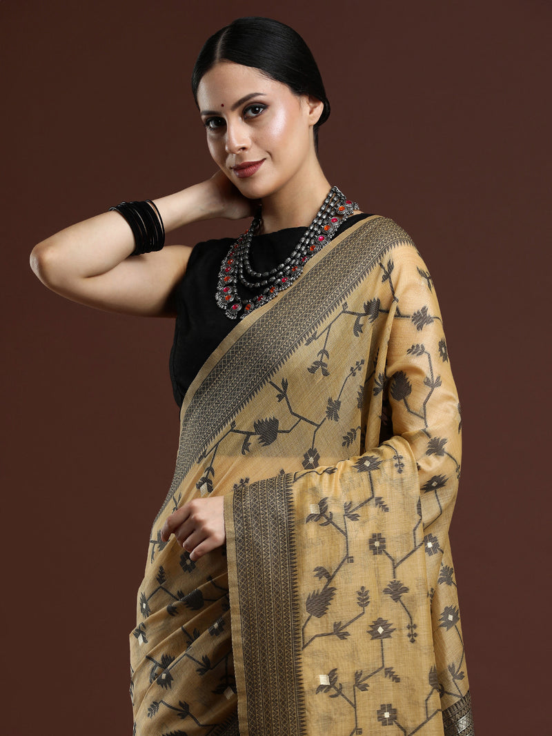 Woven Design Floral Chanderi Cotton Saree in Occur Yellow
