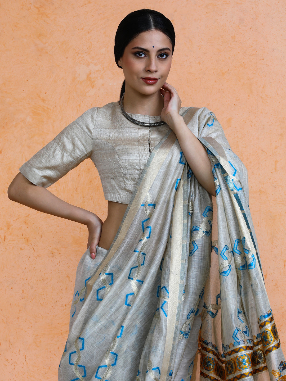 Devina Cotton in Beige with Sky Blue Motifs