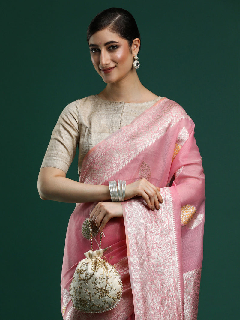Woven Design Chanderi Cotton Saree in Pink