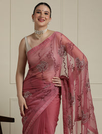 Floral Embellished Chiffon Saree With Unstitched Blouse in Pink