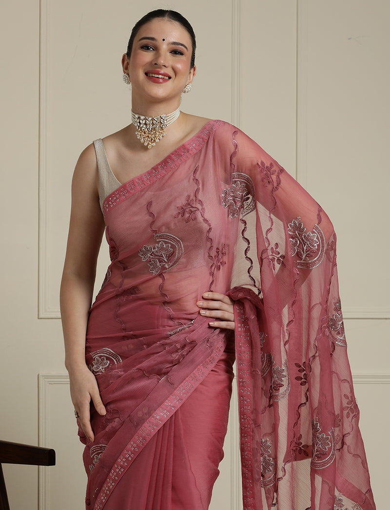 Floral Embellished Chiffon Saree With Unstitched Blouse in Pink