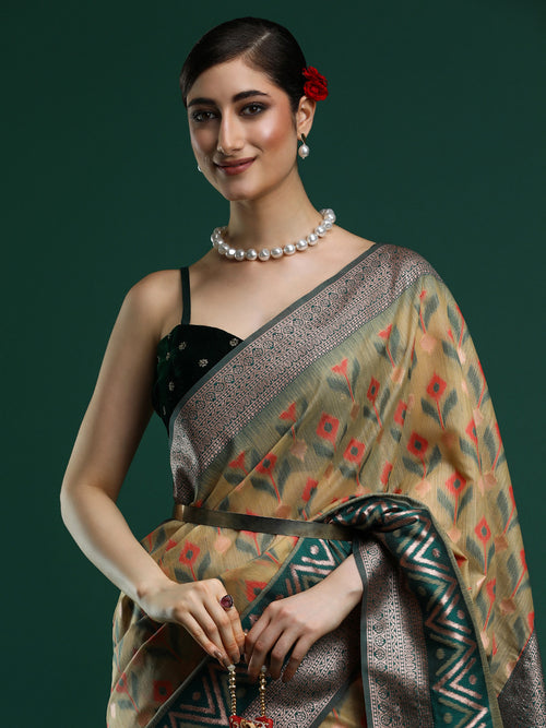 Woven Design Chanderi Cotton Saree in Dark Yellow