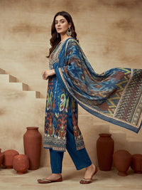 Embroidered Cotton Blend Round Neck Kurta & Trousers With Dupatta