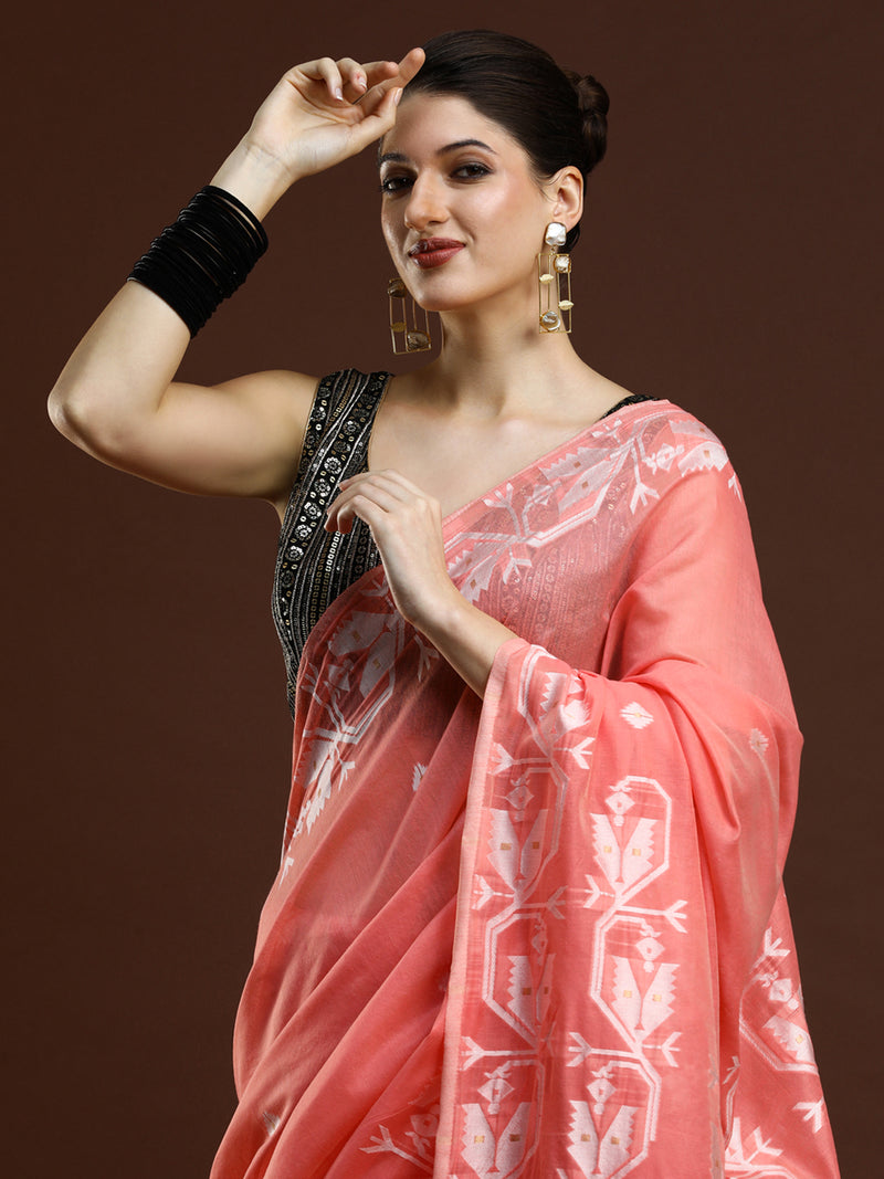 Sarha Woven Design Zari Muga Saree in Peach