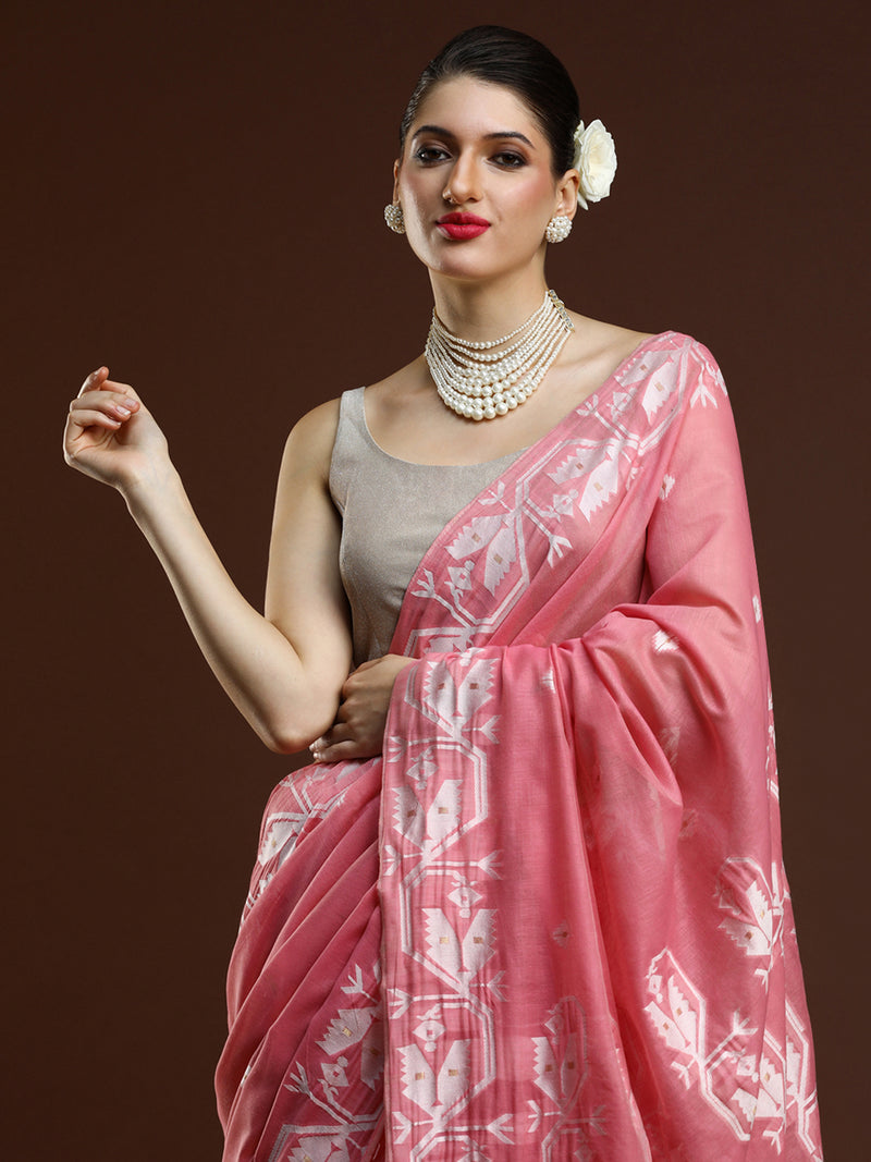 Sarha Ethnic Motifs Printed Zari Muga Saree in Pink