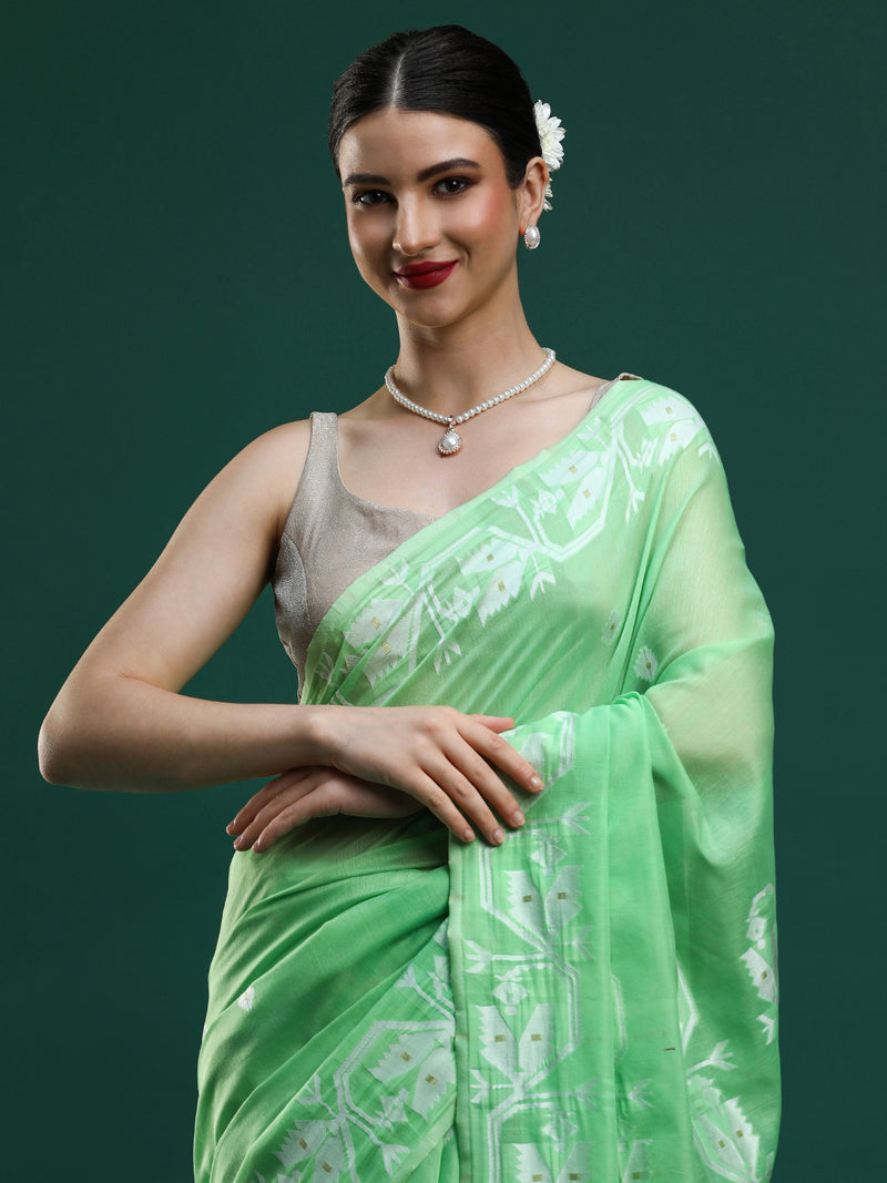 Sarha Woven Design Zari Muga Saree in Green