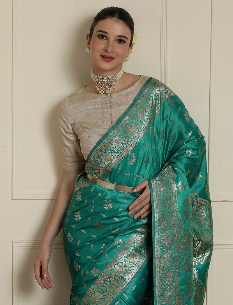 Ethnic Motif Woven Design Zari Banarasi Satin Silk Saree & Blouse Piece in Sea Green