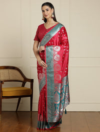 Ethnic Motifs Woven Design Zari Banarasi Saree in Pink