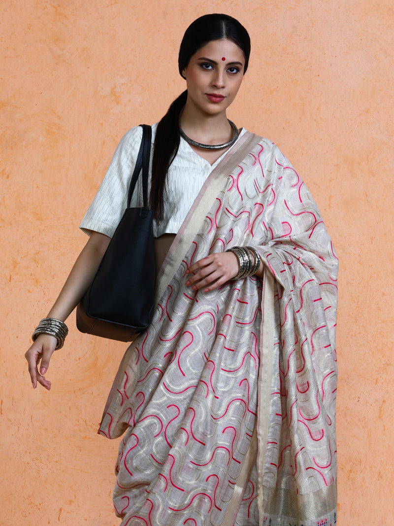 Zaika Cotton in Beige with Hot Pink Motifs